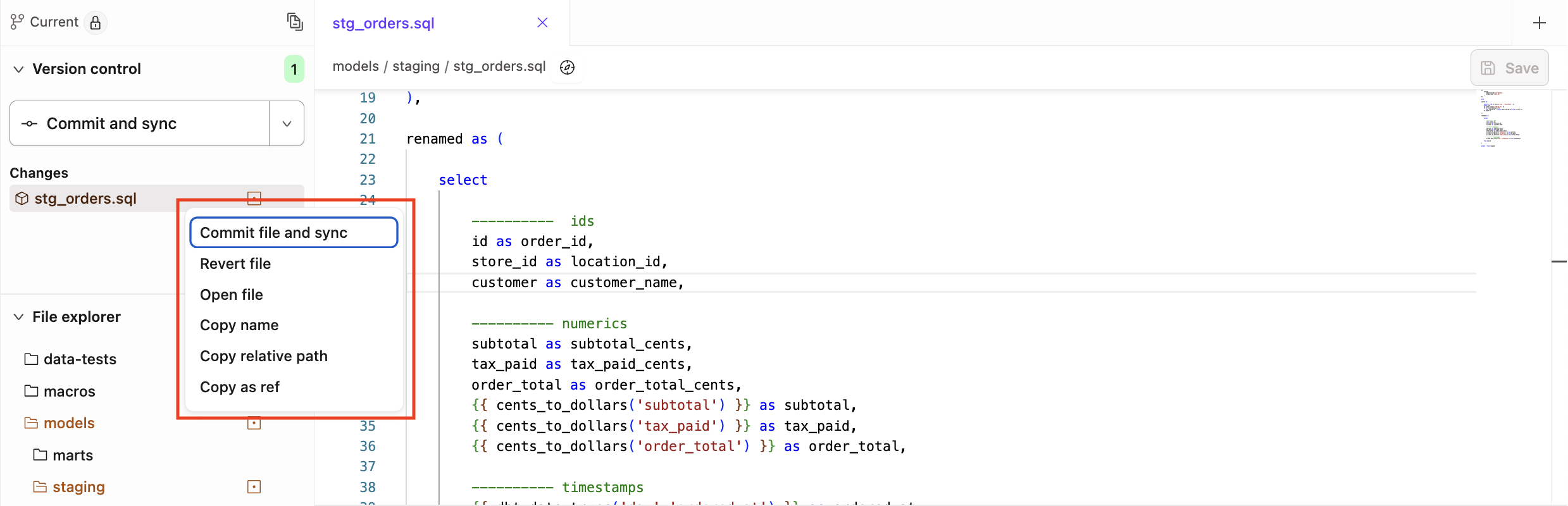 Right-click edited files to access Version Control Options menu