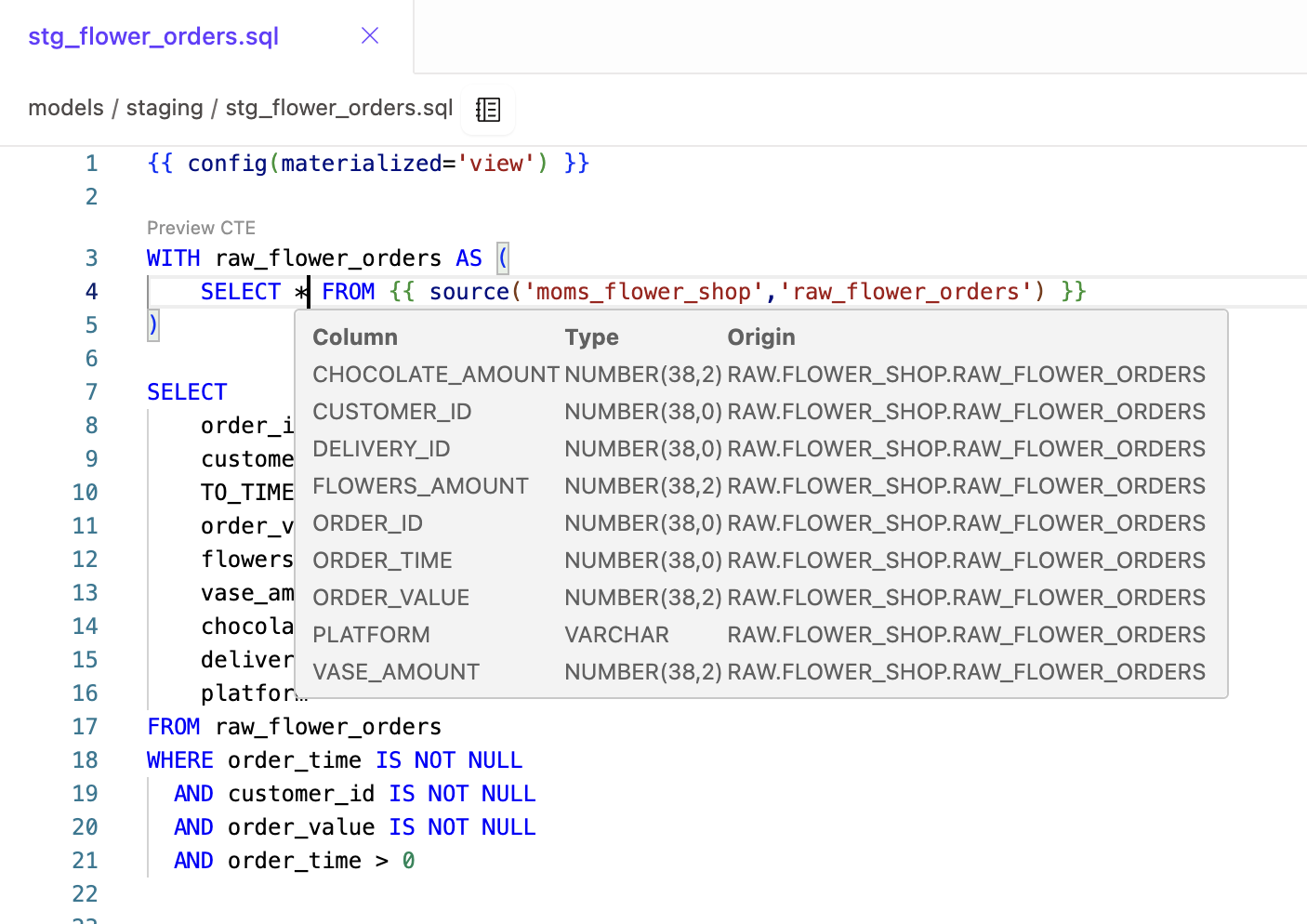 💡 Fusion provides live metadata and column insights as you code.