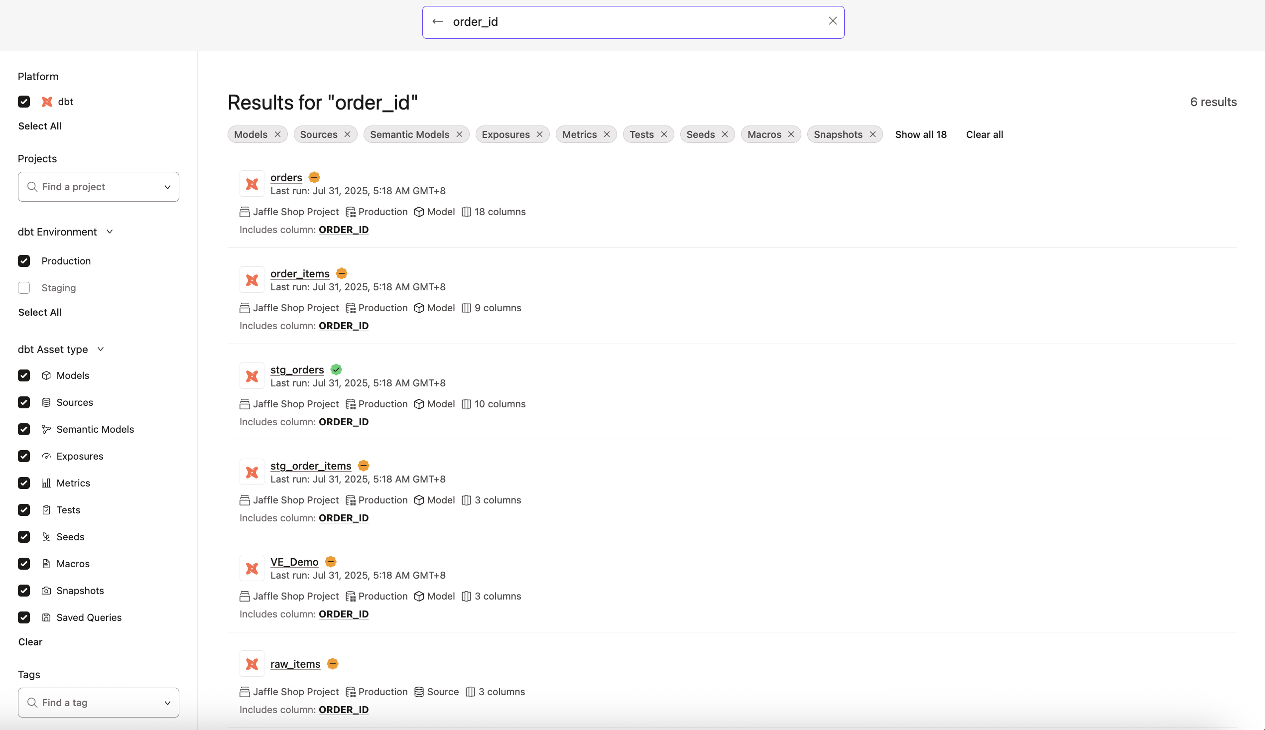 dbt Catalog's advanced search feature